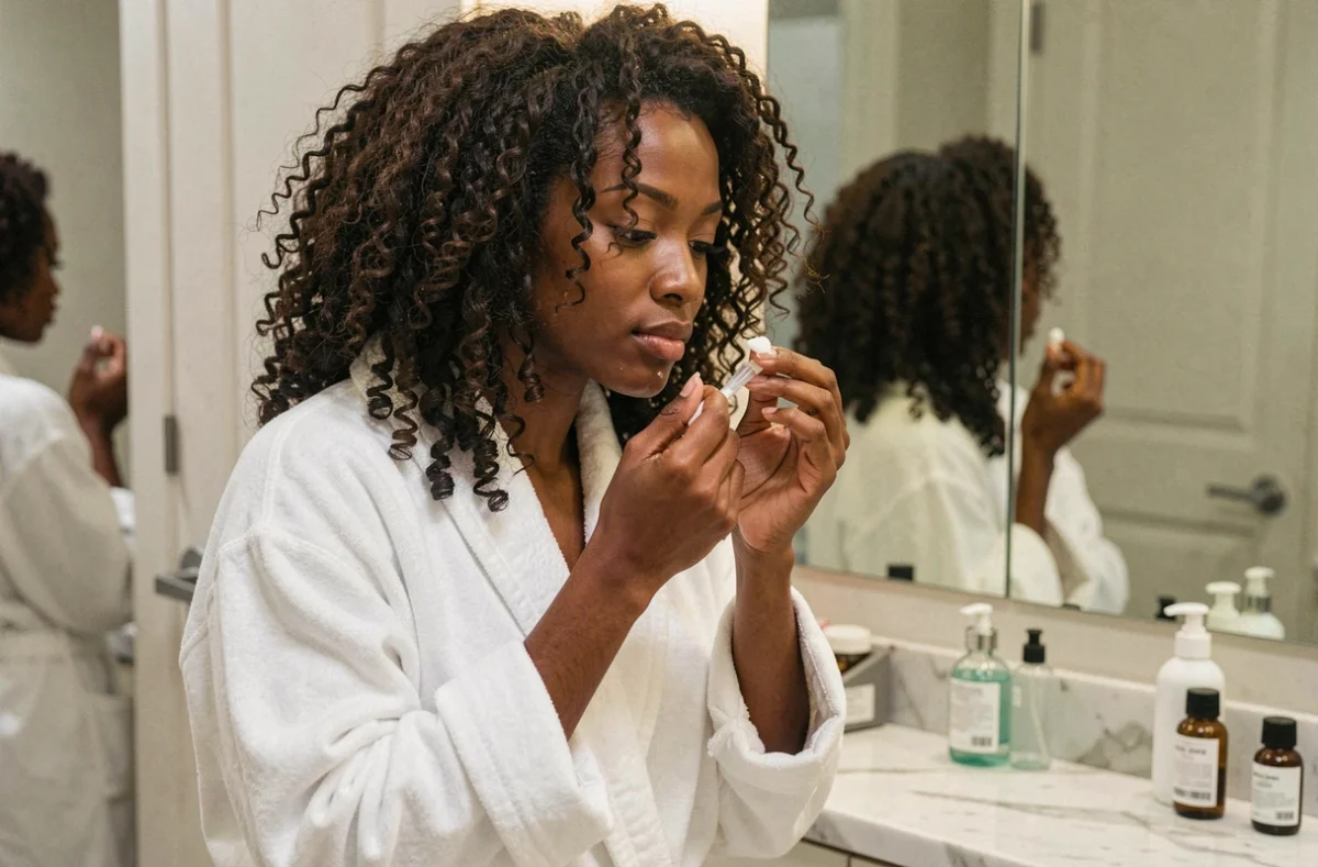 Jeune femme aux cheveux bouclés naturels appliquant une crème définissante sur ses boucles devant un miroir de salle de bain
