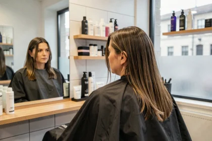 Femme aux cheveux fins et plats assise dans un fauteuil de salon de coiffure, examinant son manque de volume dans le miroir
