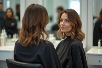 Femme aux cheveux fins en salon de coiffure regardant son reflet dans le miroir