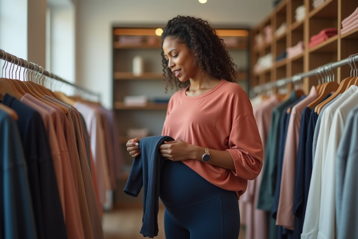 Femme avec du ventre choisissant un legging dans une boutique de vêtements de sport