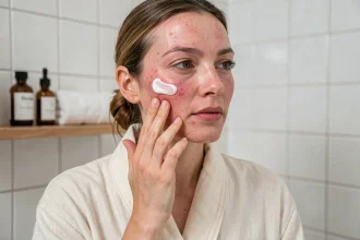 Femme aux peaux sensibles appliquant une crème probiotique sur son visage dans une salle de bain épurée