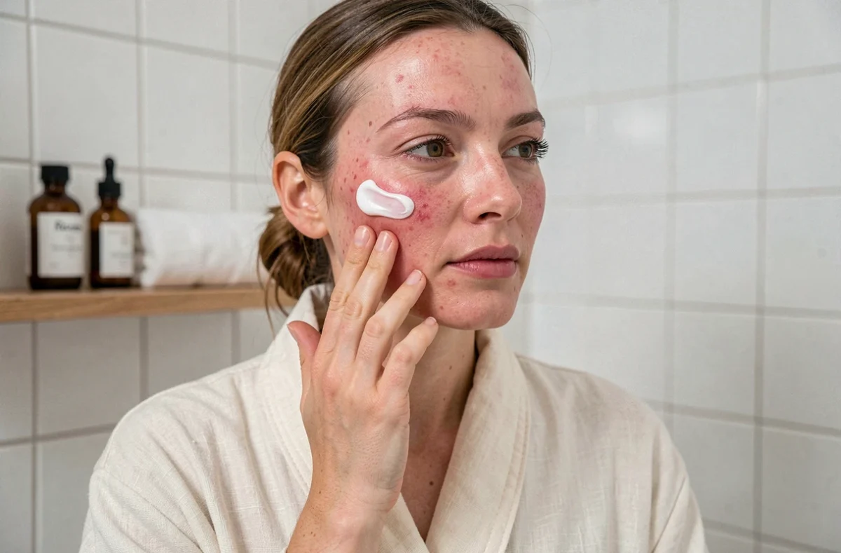 Femme aux peaux sensibles appliquant une crème probiotique sur son visage dans une salle de bain épurée