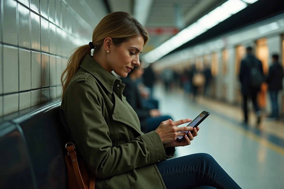 Femme parcourant Fragrantica sur mobile dans le métro pendant ses déplacements quotidiens