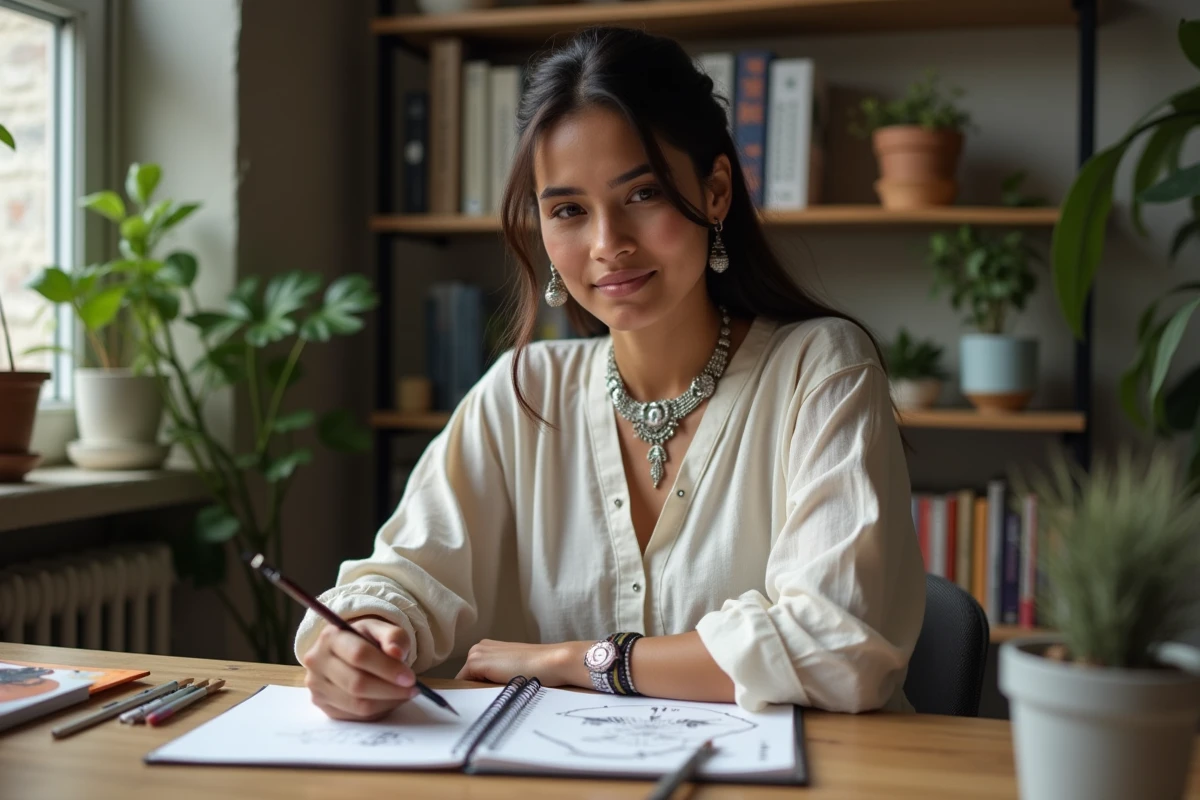 Jeune femme indigène créatrice dans un appartement moderne portant des bijoux artisanaux traditionnels tout en dessinant