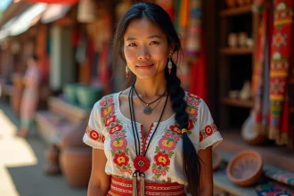 Femme indigène en tenue traditionnelle brodée dans un marché artisanal coloré, regard confiant et digne