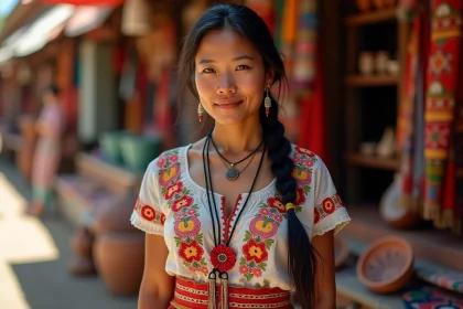 Femme indigène en tenue traditionnelle brodée dans un marché artisanal coloré, regard confiant et digne