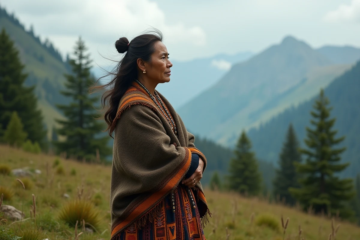 Femme indigène mature en vêtements traditionnels tissés dans un paysage montagneux naturel et brumeux