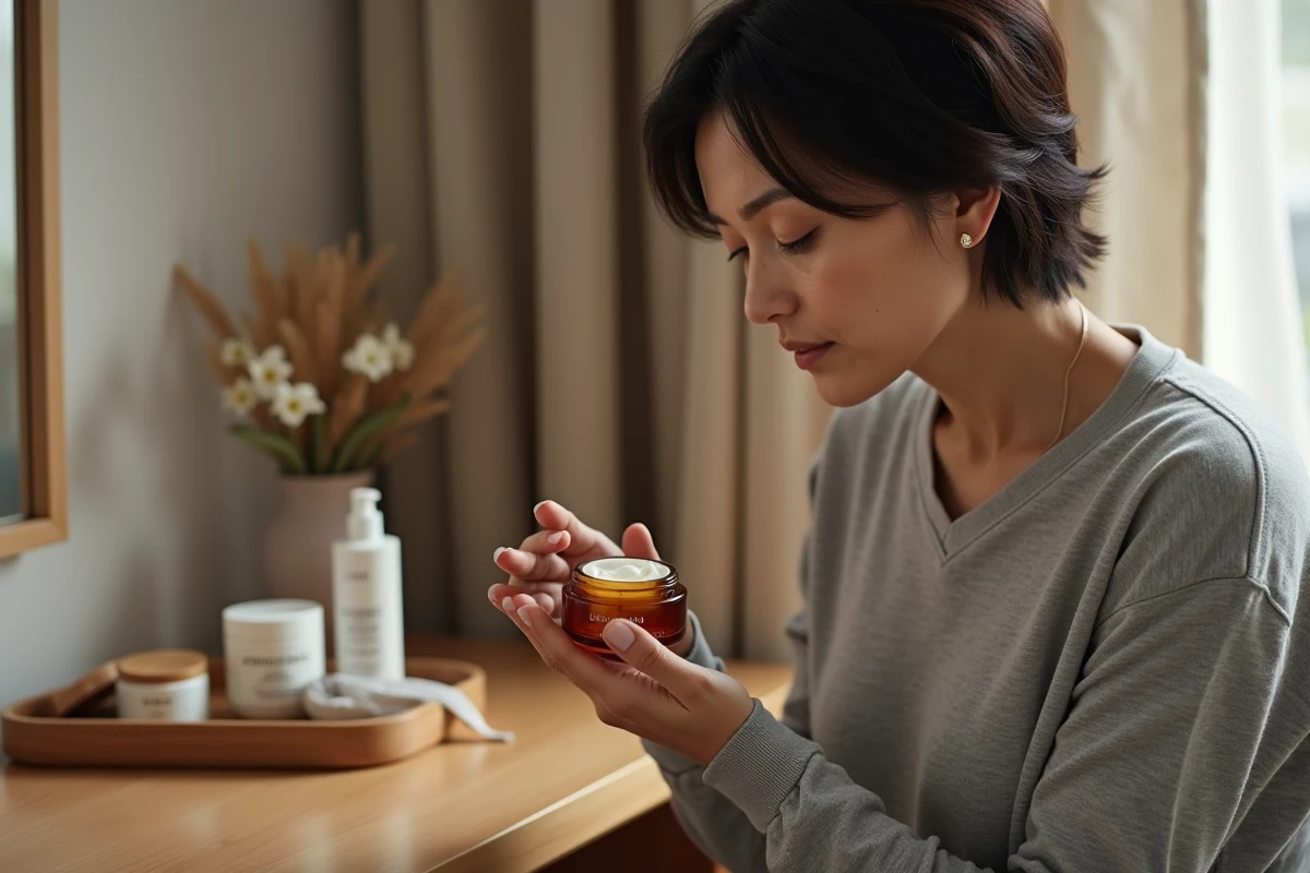 Femme lisant l'étiquette d'un pot de crème au rétinol sur sa coiffeuse