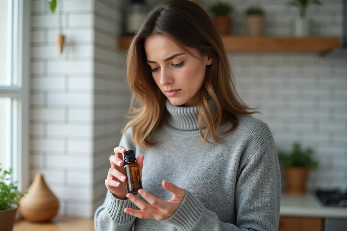 Femme lisant attentivement l'étiquette d'un flacon d'huile essentielle avant utilisation dans un diffuseur