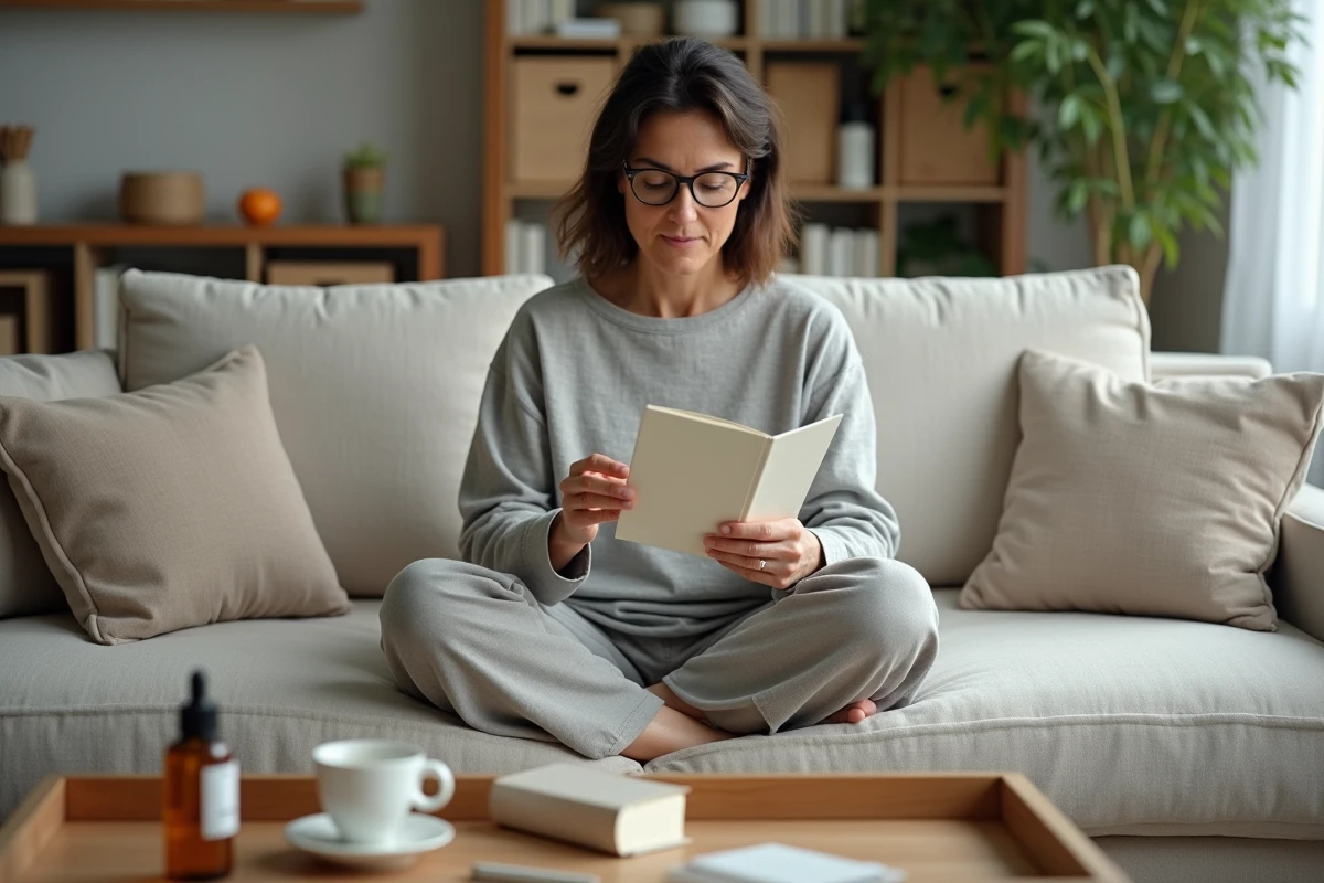 Femme lisant la notice d'un sérum The Smilist assise dans un salon scandinave contemporain