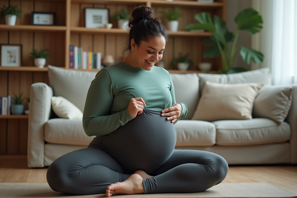 Femme ronde en legging gainant gris anthracite pratiquant le yoga à domicile