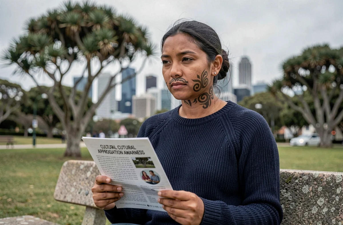 Jeune femme māorie portant le moko kauae traditionnel tenant un document sur le respect culturel des tatouages māoris dans un parc de Wellington