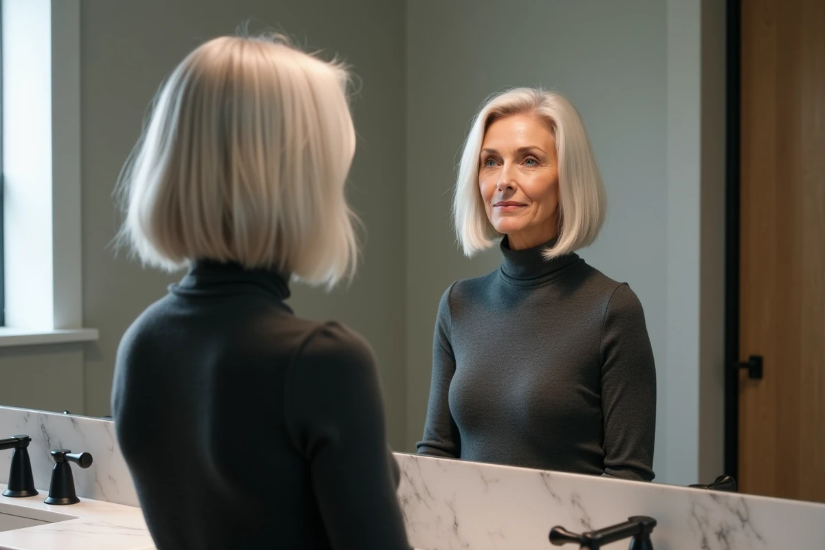 Femme mature aux cheveux clairsemés argentés avec un carré dégradé flatteur devant un miroir de salle de bain en marbre