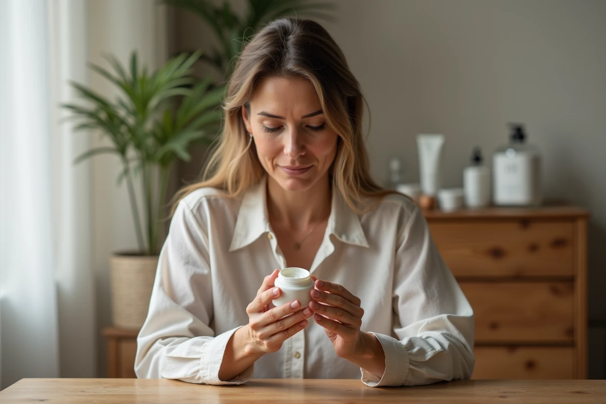 Femme mature examinant un pot de crème pour le visage posée à une coiffeuse en bois avec des produits de soin naturels