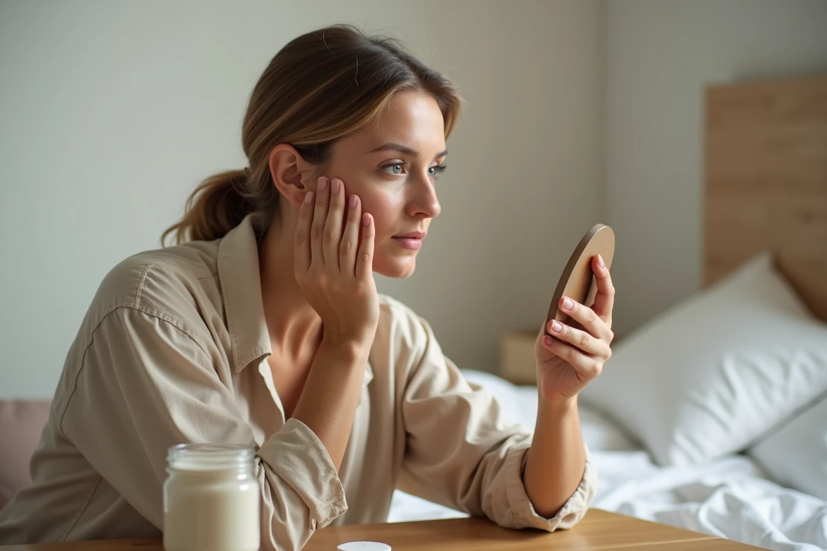 Femme mature examinant sa peau dans un miroir après soin au bicarbonate de soude