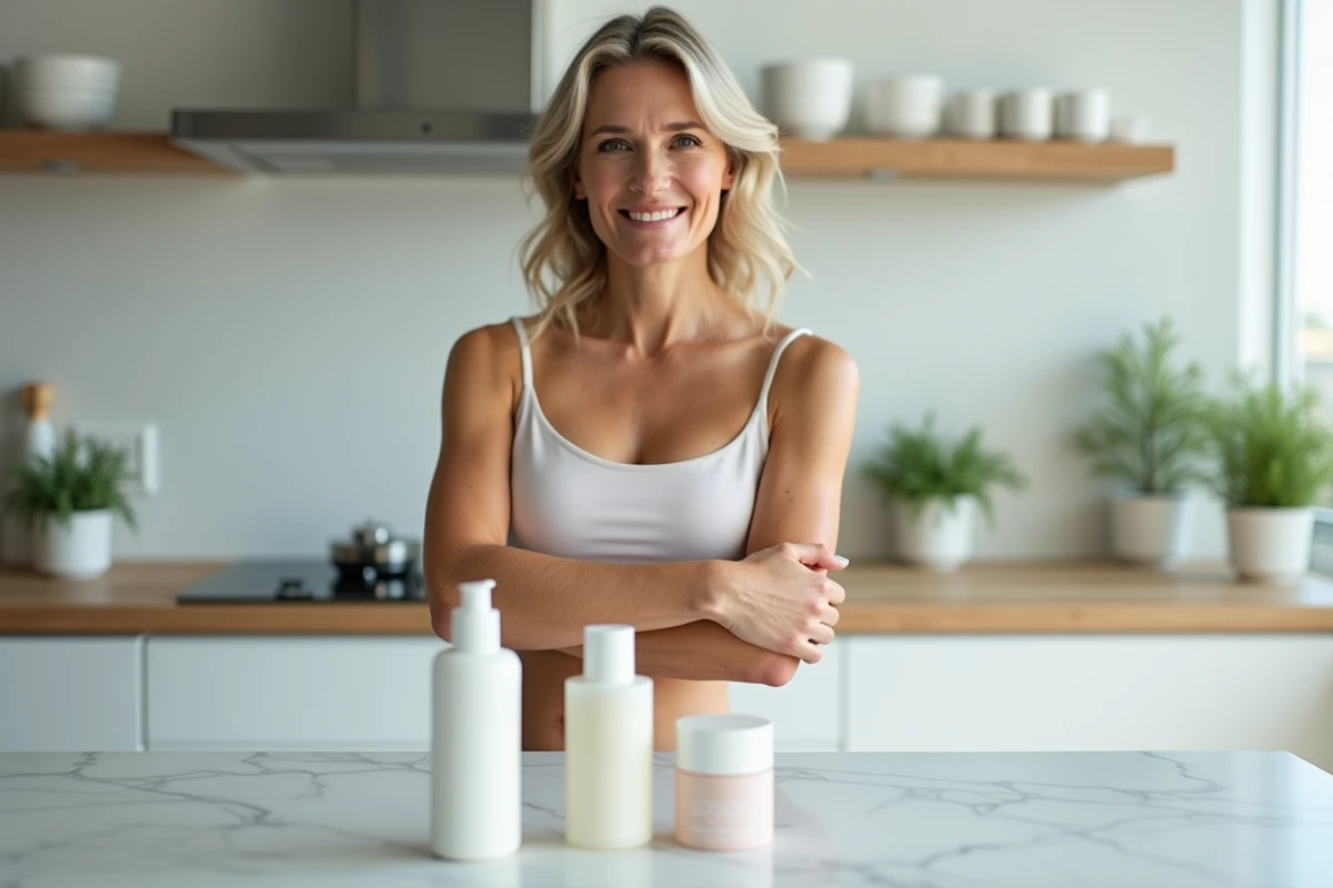 Femme mature souriante devant une sélection de trois produits skincare minimalistes sur un comptoir moderne, routine skinimalism simplifiée