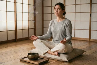 Femme en méditation sonore assise sur un coussin en lin avec un bol chantant en bronze, dans un studio minimaliste aux tons naturels
