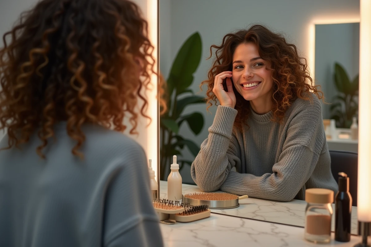 Jeune femme admirant sa nouvelle coiffure bouclée dans le miroir d'un salon de coiffure minimaliste avec des produits capillaires professionnels