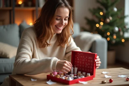 Femme ouvrant un calendrier de l'avent beauté rempli de petits produits cosmétiques dans un salon cosy aux tons chauds