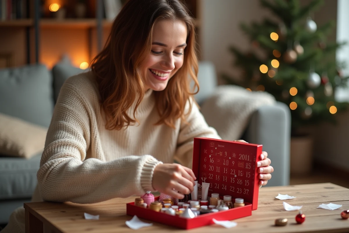 Femme ouvrant un calendrier de l'avent beauté rempli de petits produits cosmétiques dans un salon cosy aux tons chauds