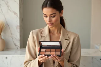 Femme tenant une palette de fards à paupières Ombre Nomad ouverte, analysant les teintes chaudes dans un studio de beauté minimaliste