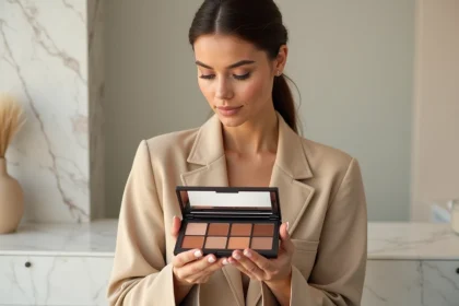 Femme tenant une palette de fards à paupières Ombre Nomad ouverte, analysant les teintes chaudes dans un studio de beauté minimaliste