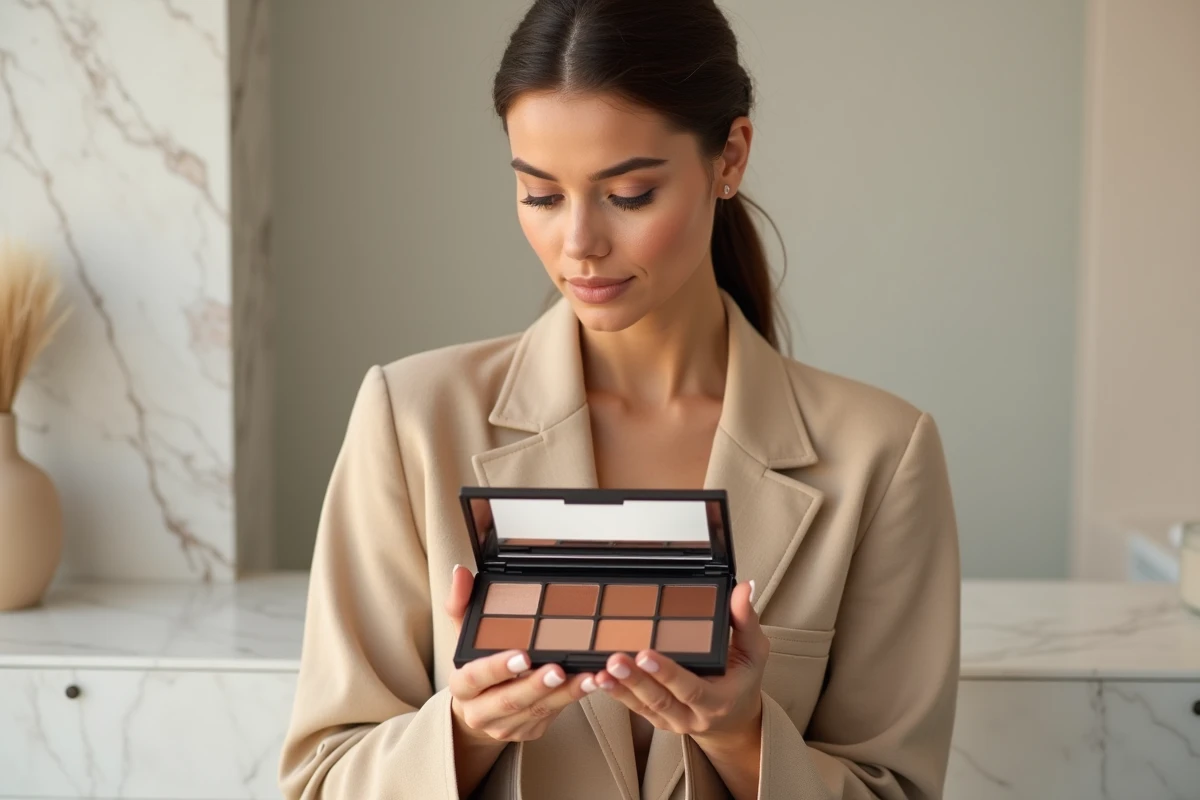 Femme tenant une palette de fards à paupières Ombre Nomad ouverte, analysant les teintes chaudes dans un studio de beauté minimaliste