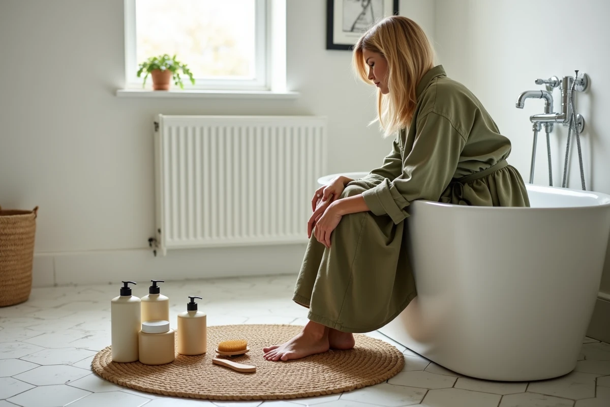 Femme réfléchissant à ses produits capillaires dans une salle de bain, fréquence de lavage des cheveux et routine beauté
