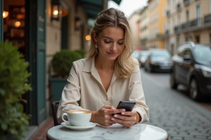 Femme consultant une application de recherche de parfums sur smartphone dans un café en terrasse urbaine