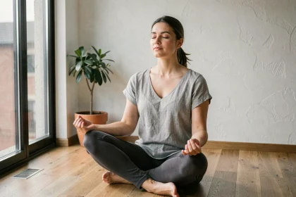 Femme pratiquant la respiration consciente assise en tailleur sur un parquet en bois dans un appartement minimaliste