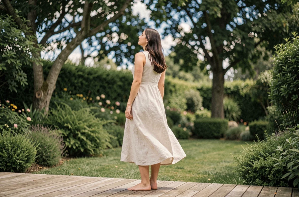 Jeune femme pratiquant la respiration en plein air sur une terrasse en bois entourée d'un jardin verdoyant