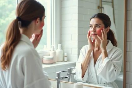 Femme aux rougeurs de rosacée examinant sa peau dans le miroir de salle de bain entourée de produits de soin