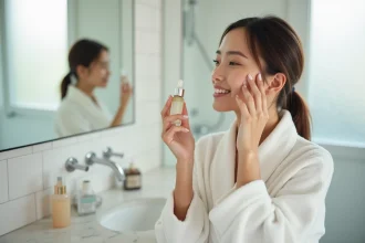Femme appliquant un sérum minimaliste dans une salle de bain épurée, routine skinimalism avec peu de produits