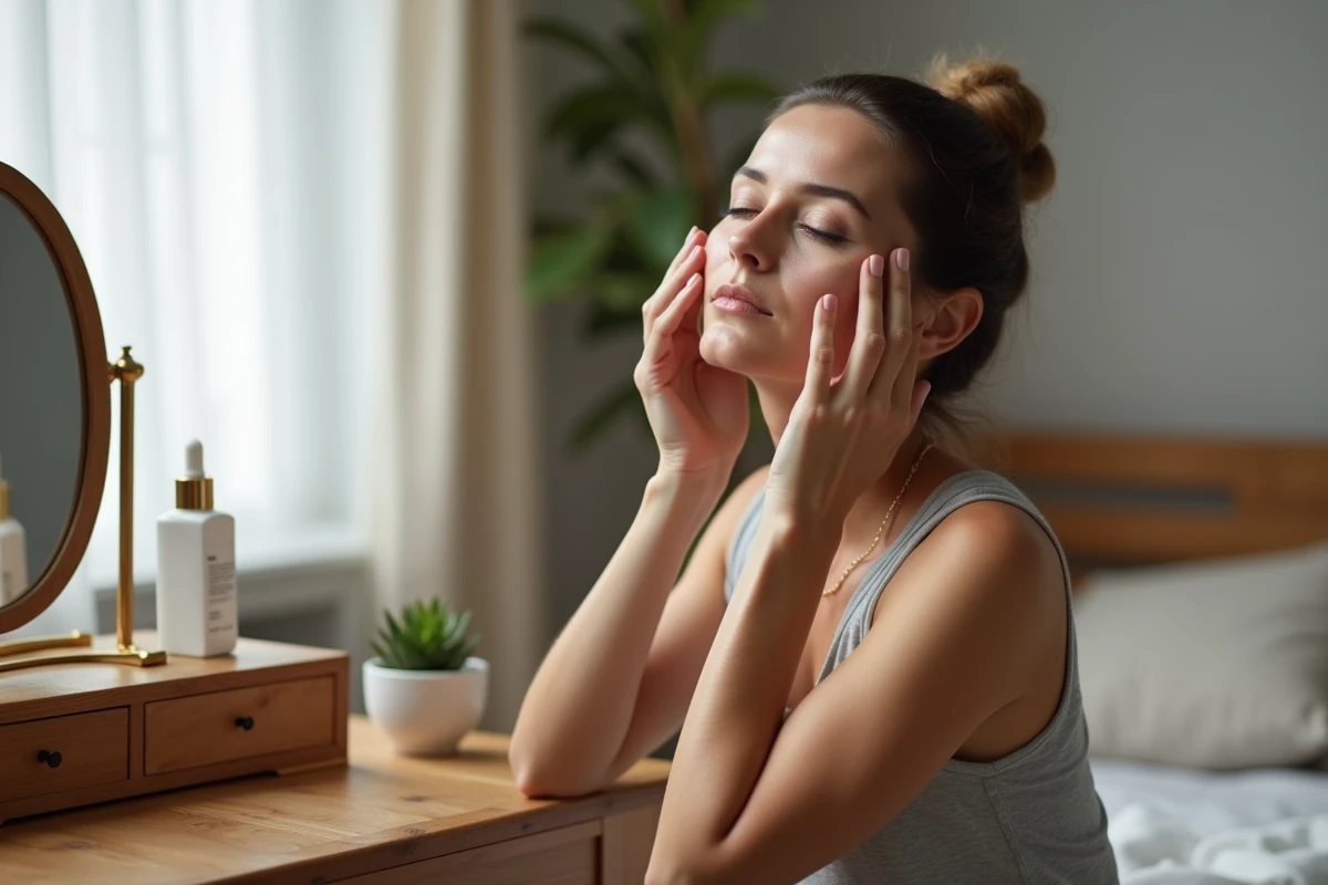 Femme mature appliquant un sérum repulpant à l'acide hyaluronique sur ses joues devant une coiffeuse en bois style scandinave