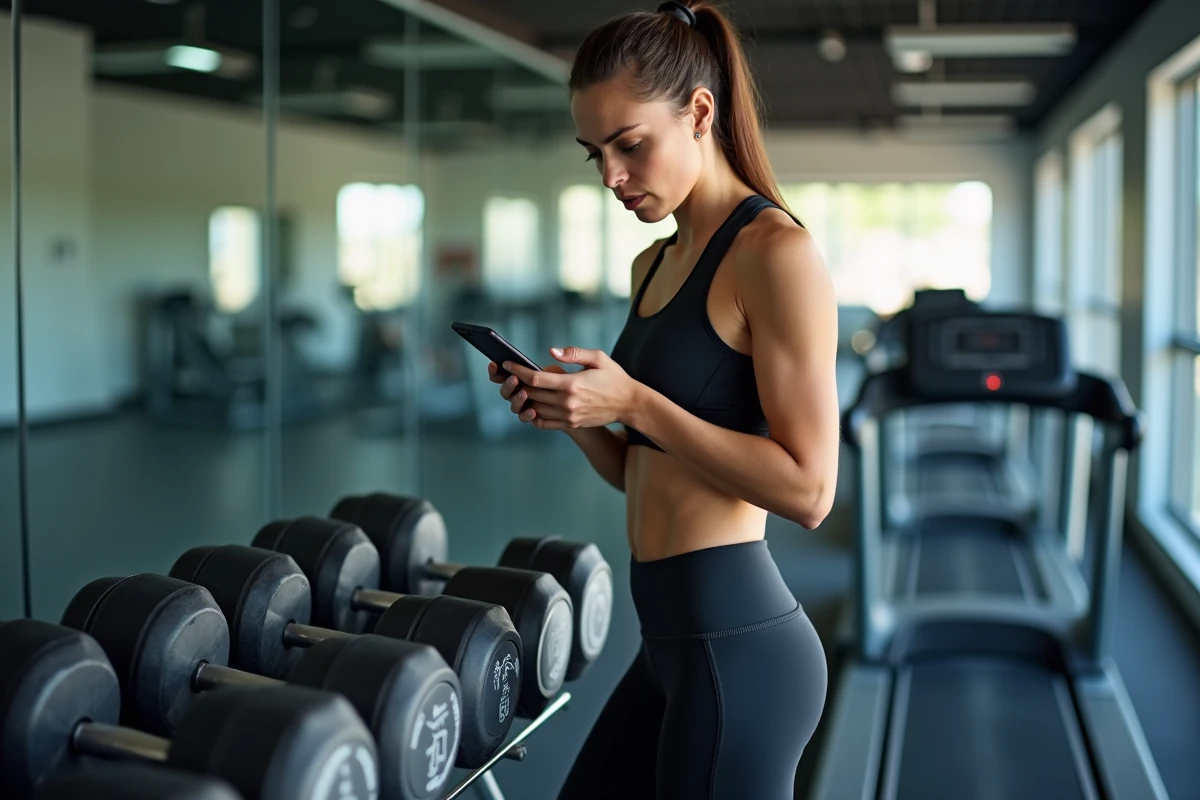 Femme en tenue de sport dans une salle de gym regardant son téléphone avec une expression frustrée, illustrant les erreurs de progression fitness