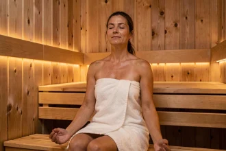 Femme détendue en séance de sauna infrarouge pour apaiser le mental et réduire le stress