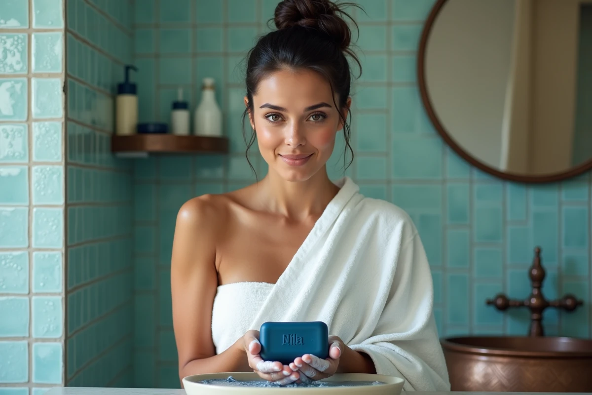 Femme utilisant le savon Nila bleu dans une salle de bain décorée de zellige pour une routine hammam à domicile