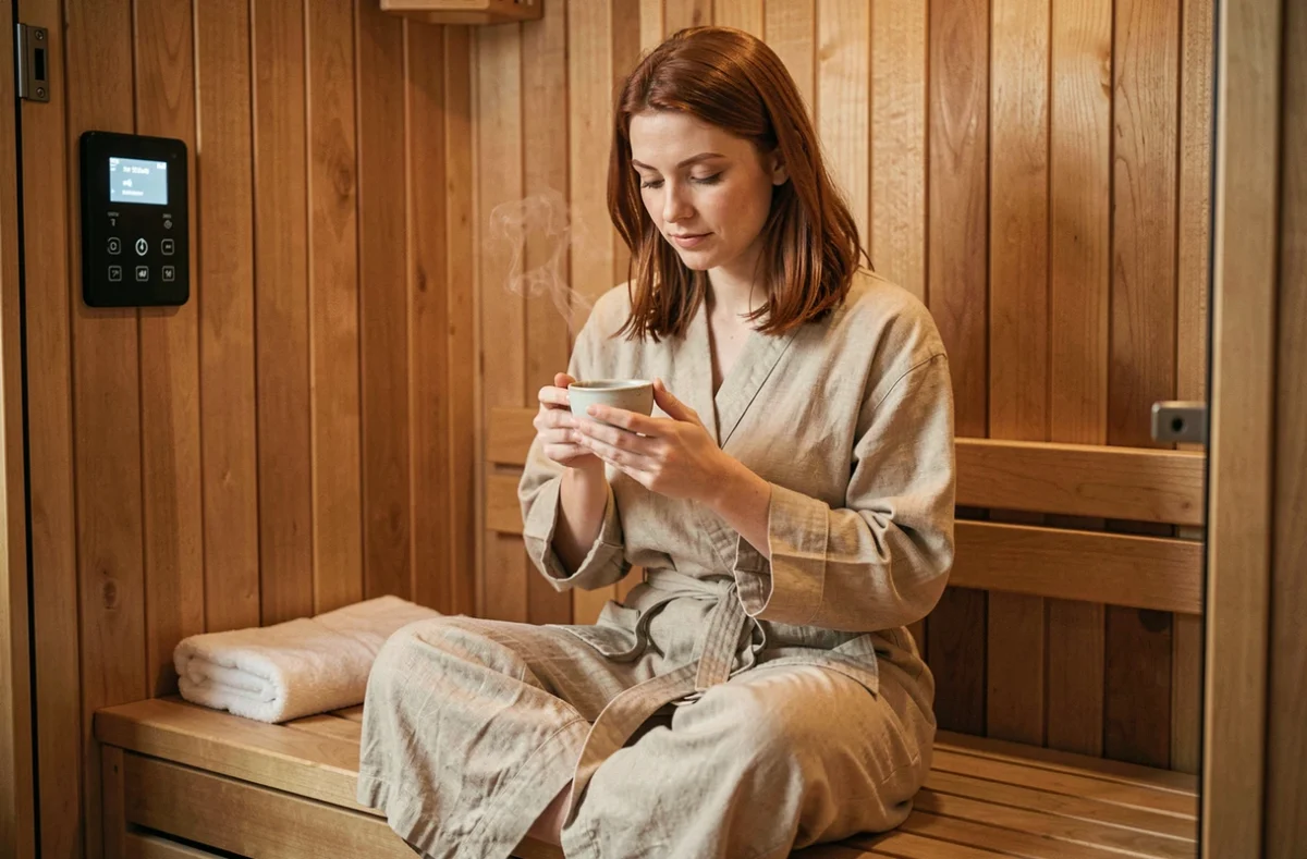 Jeune femme buvant une tisane en sauna infrarouge pour favoriser la sérénité et le bien-être mental
