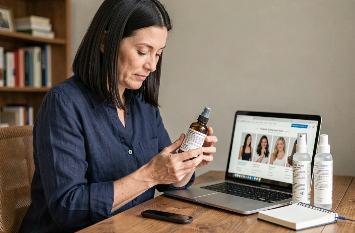 Femme lisant les ingrédients d'un sérum capillaire acheté en ligne depuis son bureau à domicile