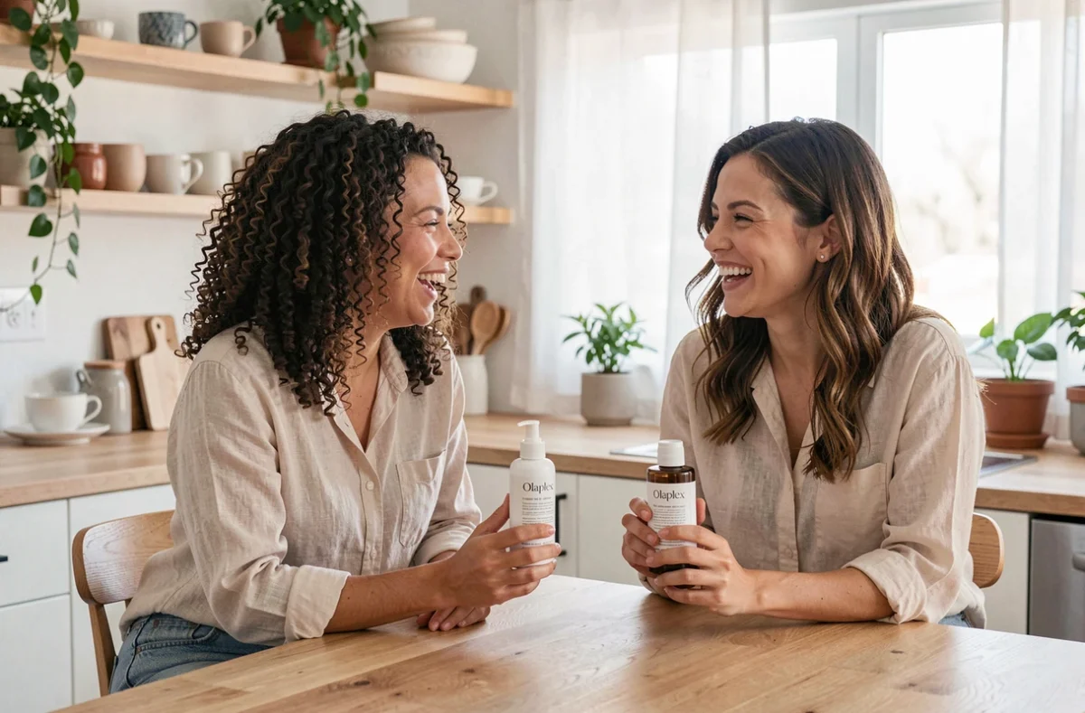 Deux femmes aux cheveux bouclés comparant leurs routines capillaires avec des produits Olaplex dans une cuisine moderne