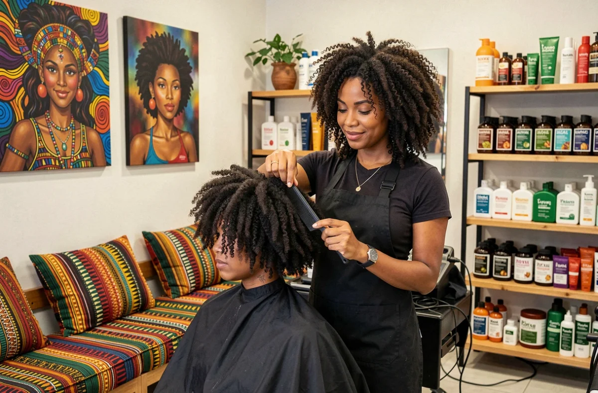 Coiffeuse spécialisée dans les cheveux afro travaillant sur une cliente dans le salon FF BEAUTY à Poissy