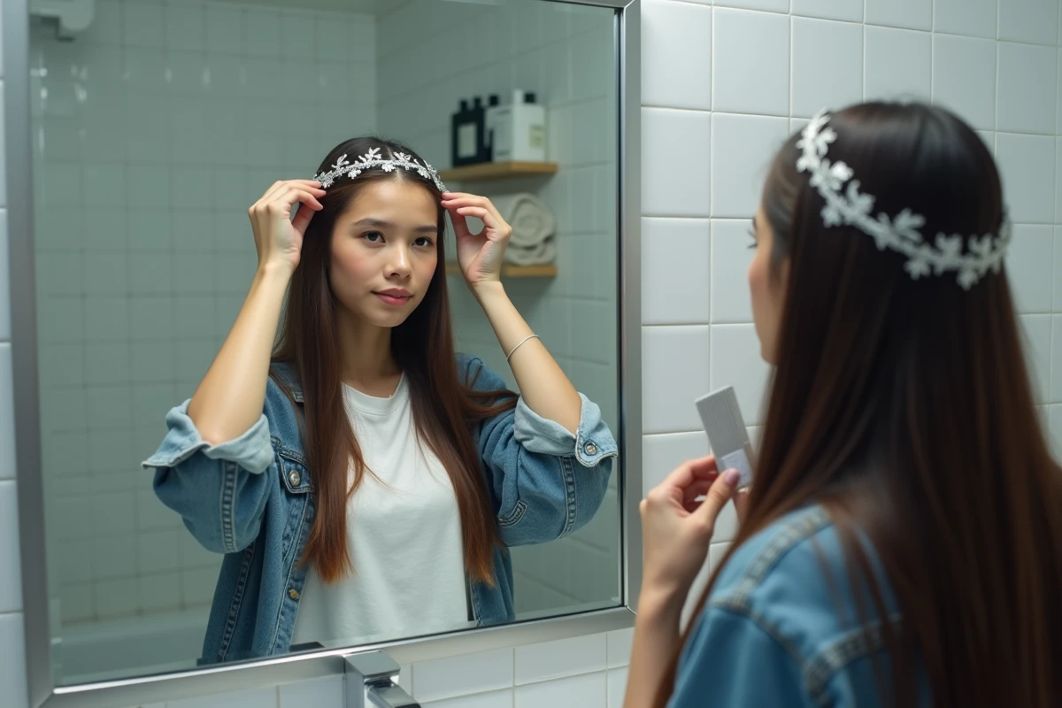 Adolescente fixant une couronne argentée dans ses cheveux noirs devant un miroir de salle de bain avec des épingles à cheveux
