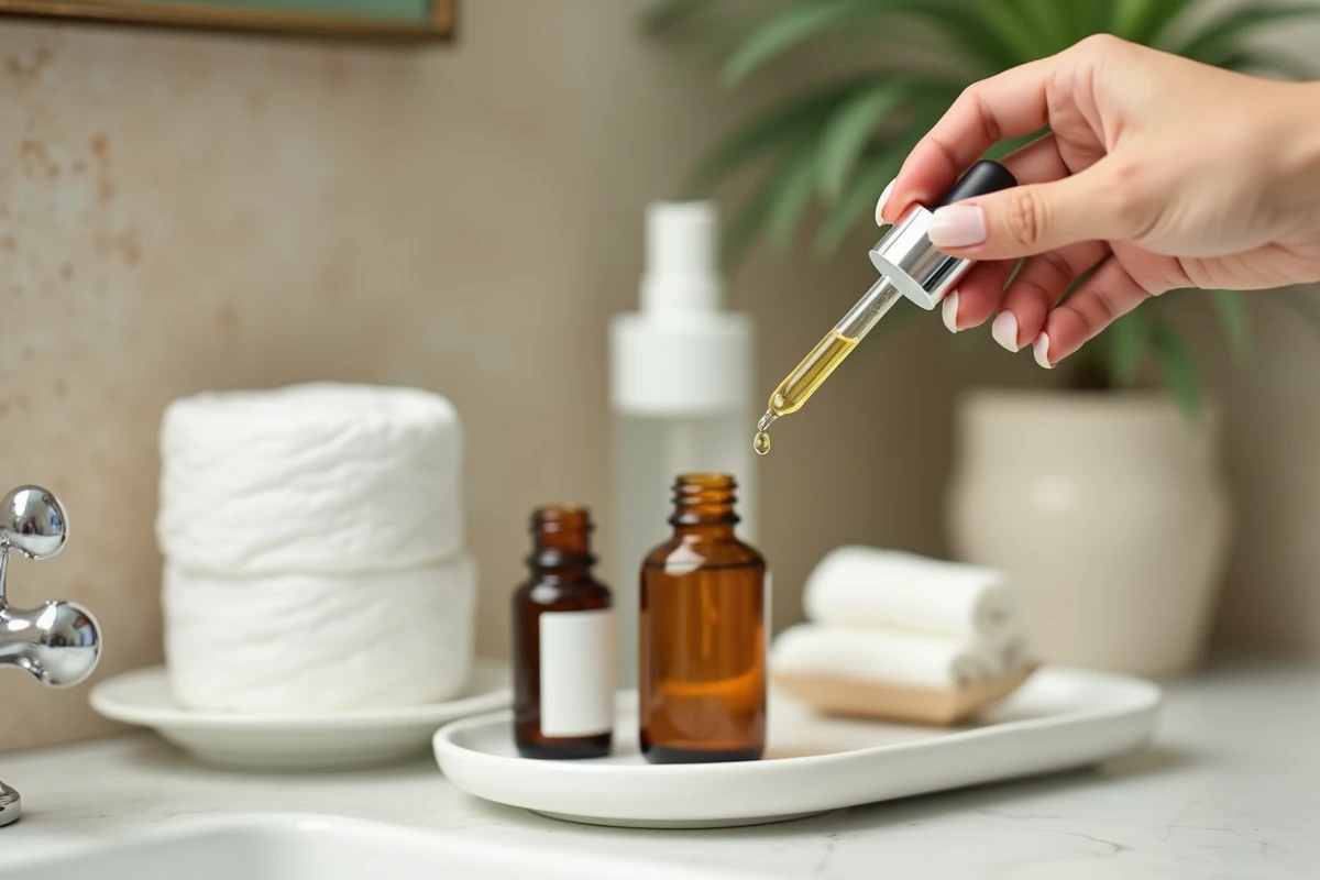 Gros plan d'un flacon compte-gouttes de sérum à l'acide hyaluronique avec une goutte au bout de la pipette sur une vanité en marbre