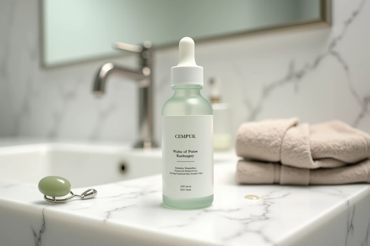 Flacon de sérum The Smilist posé sur une étagère en marbre blanc avec accessoires de soin