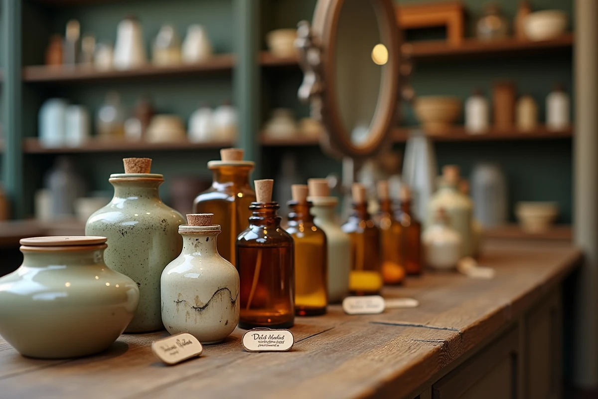 Gros plan sur des flacons de parfum et emballages cosmétiques français vintage sur un comptoir en bois, représentant l'héritage beauté français à l'origine de Sephora