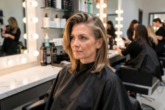 Femme aux cheveux fins avec volume coiffé en salon professionnel, reflet dans le miroir