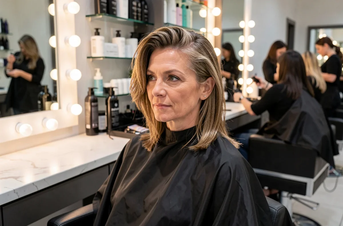 Femme aux cheveux fins avec volume coiffé en salon professionnel, reflet dans le miroir