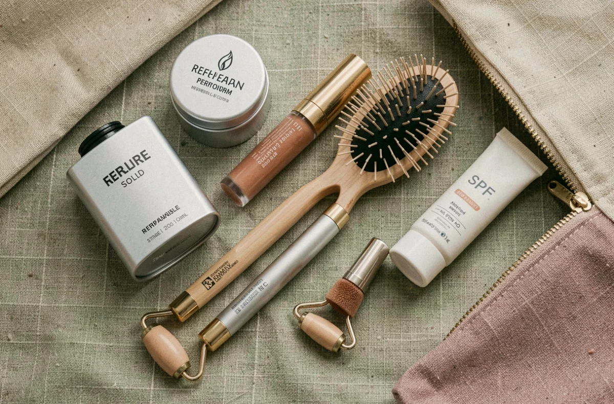 Flat lay minimaliste d'accessoires de beauté incontournables disposés sur du lin texturé avec une pochette en toile entrouverte