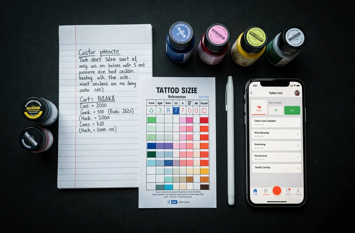Flat-lay des outils et documents utilisés pour calculer le coût d'un tatouage, incluant calculatrice et grille de tarifs