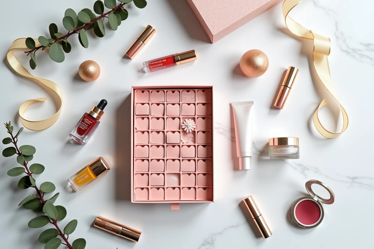 Flat lay d'un calendrier de l'avent beauté ouvert entouré de produits cosmétiques miniatures sur fond de marbre blanc